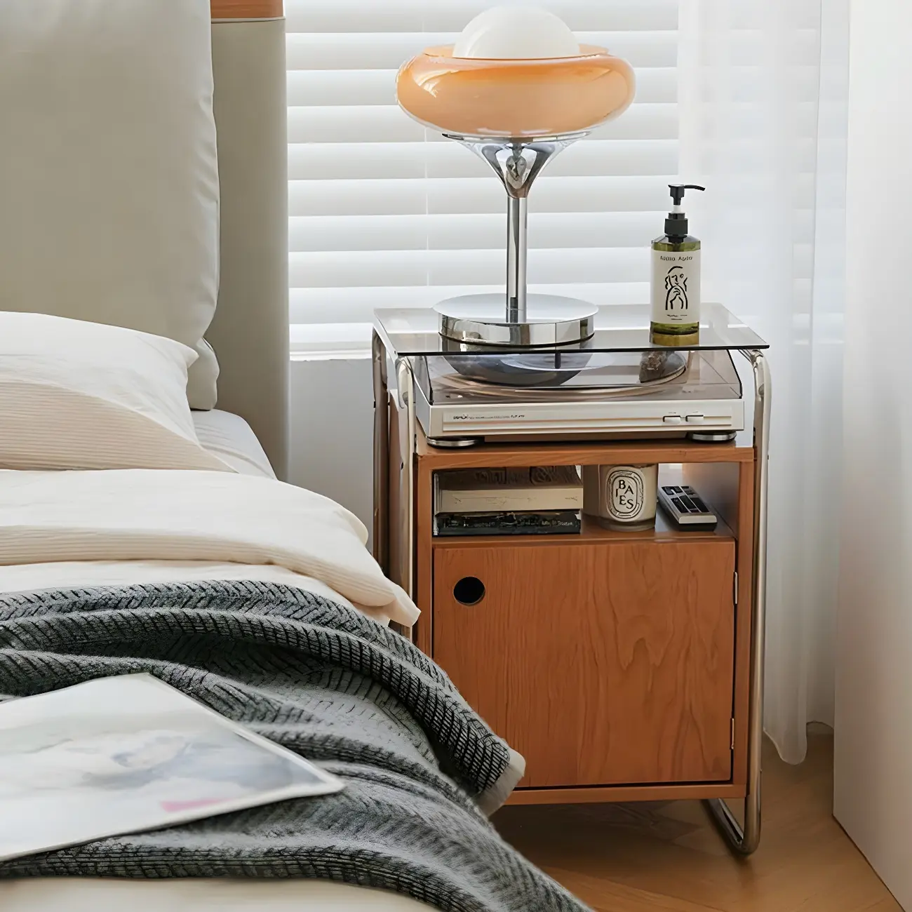 Natural Finish Narrow Glass-Top Light Wood Nightstand