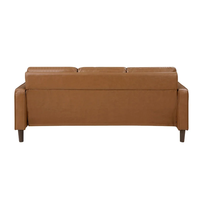 Stark 77 Inch Sofa, Brown Faux Leather, Track Style Arms, Solid Wood Frame