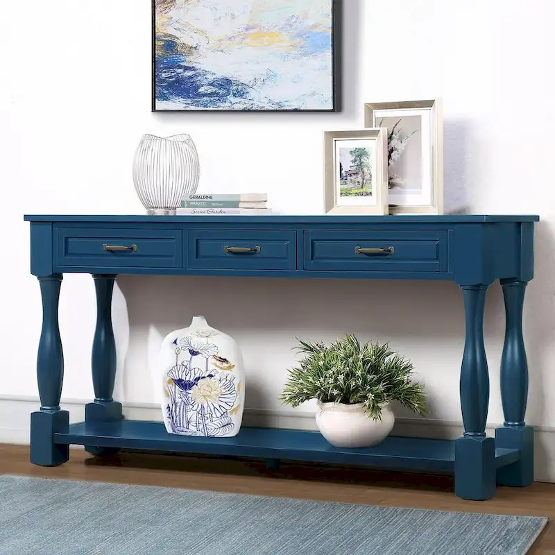Solid Wood Console Table - Antique White/Blue/Navy/Espresso/Brown, Mid-Century Style, Multi-User