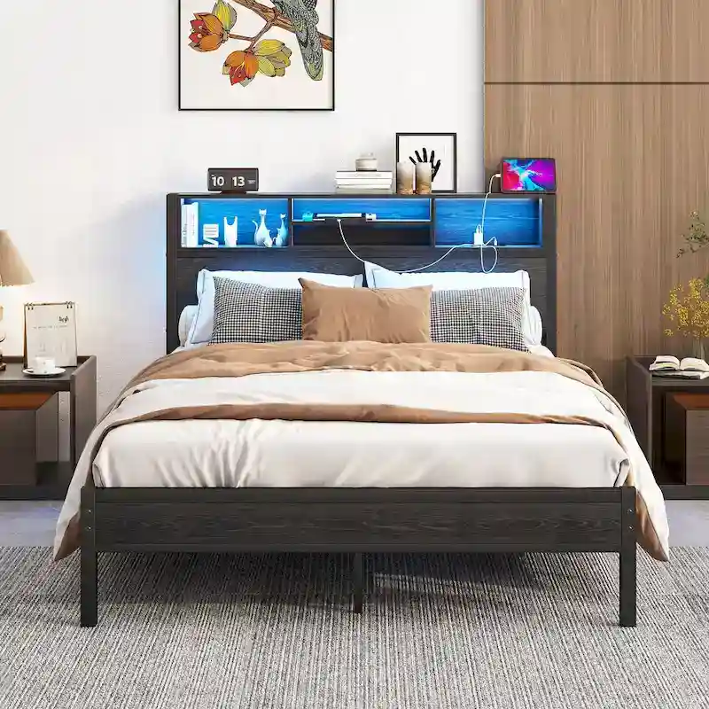 Full Size Metal Platform Bed with Storage Headboard and Charging Station - Black