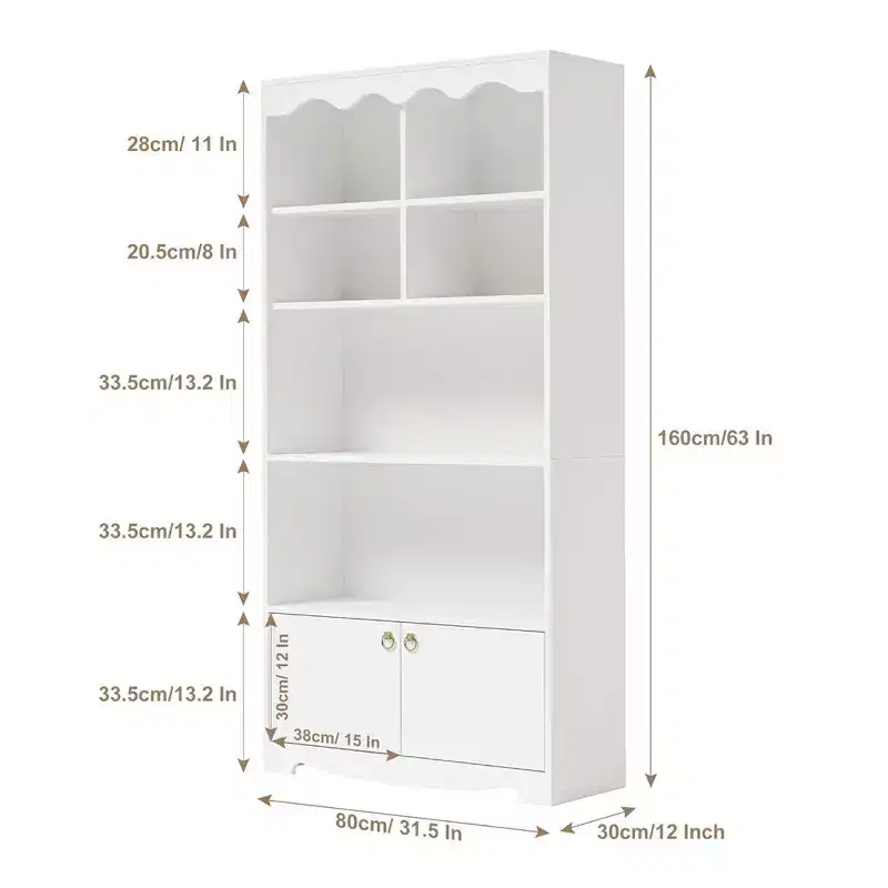 5-Tier White Bookcase, 63 Inch Tall Bookshelf with Open Storage Shelves & Doors, Modern Wooden Floor Standing Display Storage Shelves