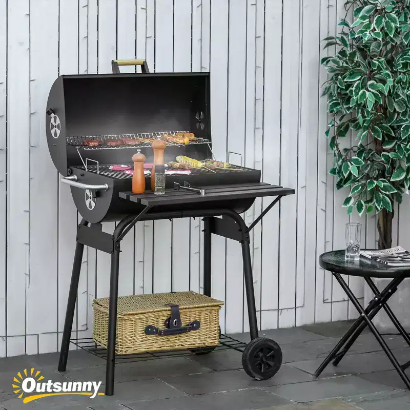 30 Portable Charcoal Barbecue Grill with Wheels Outdoor Barbecue with Adjustable Charcoal Rack, Storage Shelf, for Garden Camping Picnic