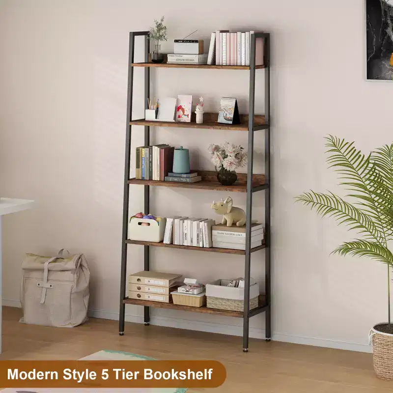 COZONY 5 Tier Bookshelf, 67 Tall Narrow Bookcase with Metal Frame, Rustic Brown Storage Organizer for Bedroom Kitchen Living Room