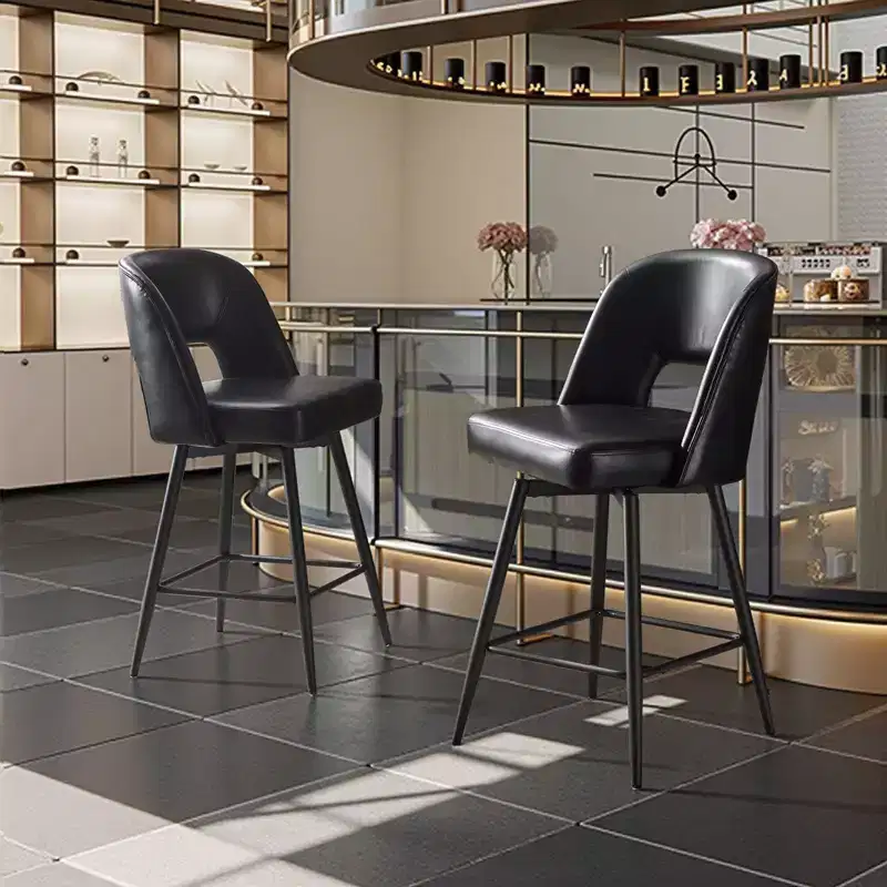 Karl Home Set Of 2 Brown PU Leather Bar Stools With Hollow Backrest, Iron Legs, Swivel