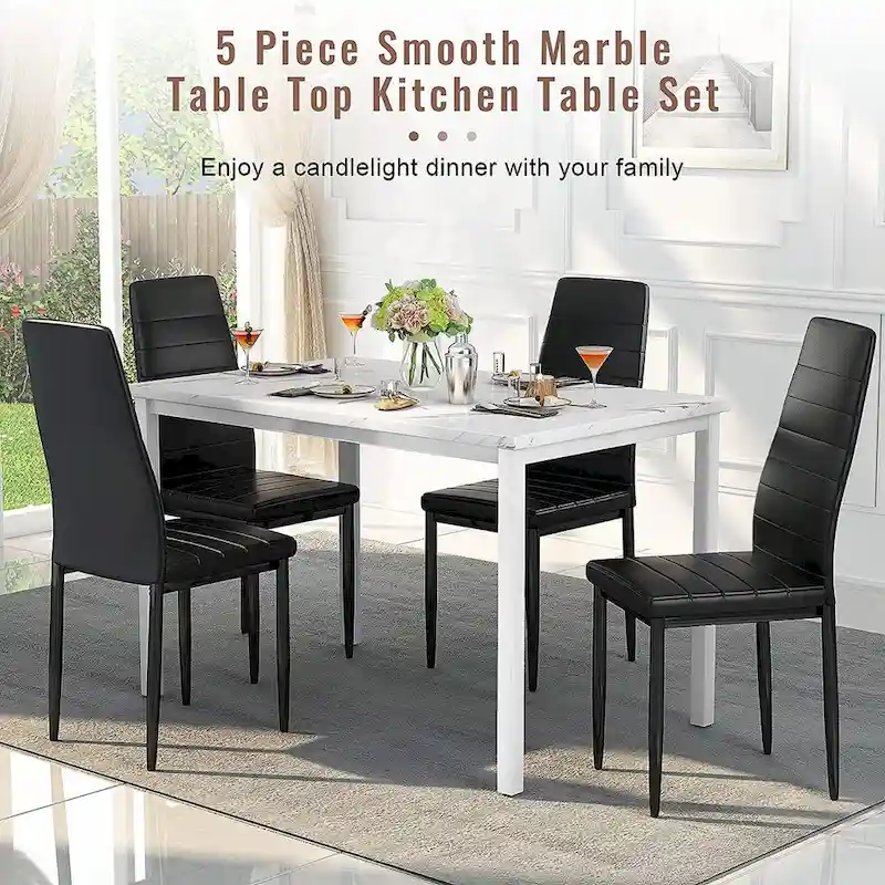Modern 5-Piece Kitchen Dining Set, Counter Height Dinette Set with Marble Look Top and 4 Upholstered PU Leather Chairs