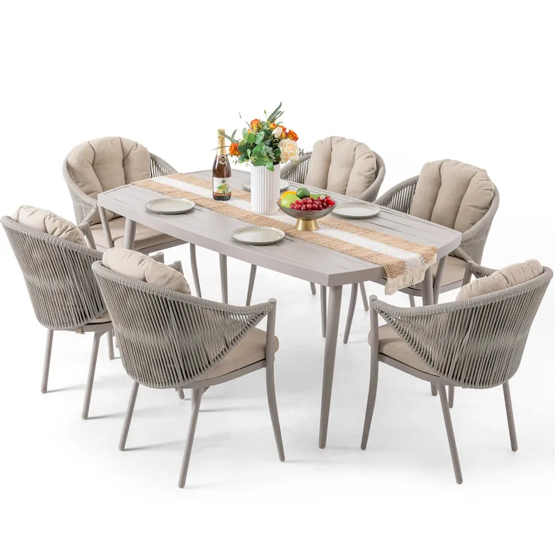 Patio 7-Piece Dining Set with Cushions and Pillows, Umbrella Hole, Beige