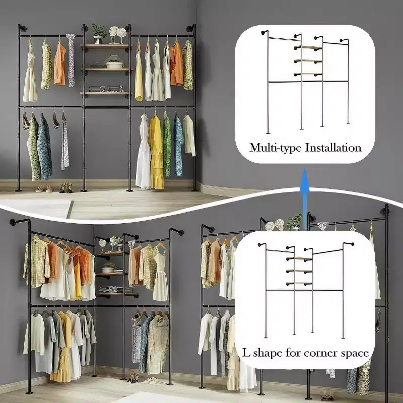 COZONY Industrial Pipe Clothes Rack w/ 3 Shelves & LED Light Bar,81 Garment Rack, Wall Mount / Free Standing, Walk-in Closet Organizer, Vintage Style