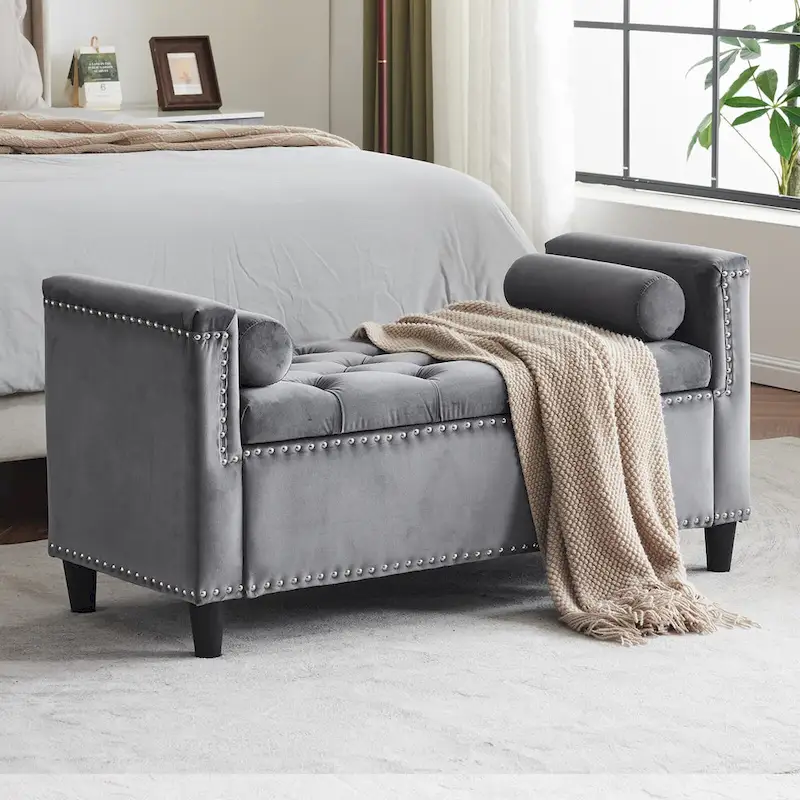 Velvet Tufted Storage Bench with Arms & Nailhead Trim — Cream White / Black / Grey, Seats 3