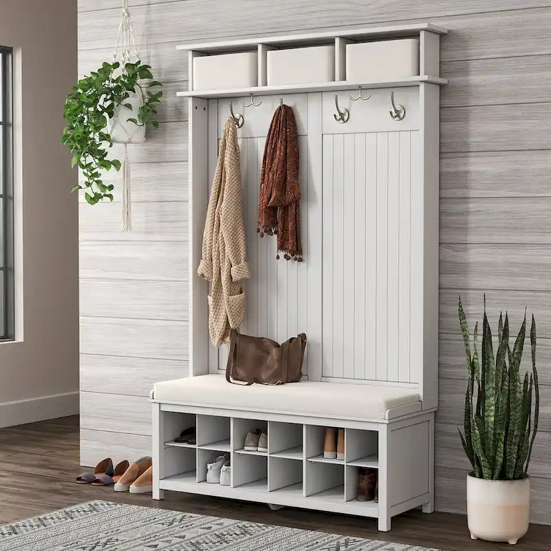 Solid Wood Hall Tree with Shoe Storage Bench - 6 Hooks, 3 Storage Bins, Reversible Panels, Cushioned Seat