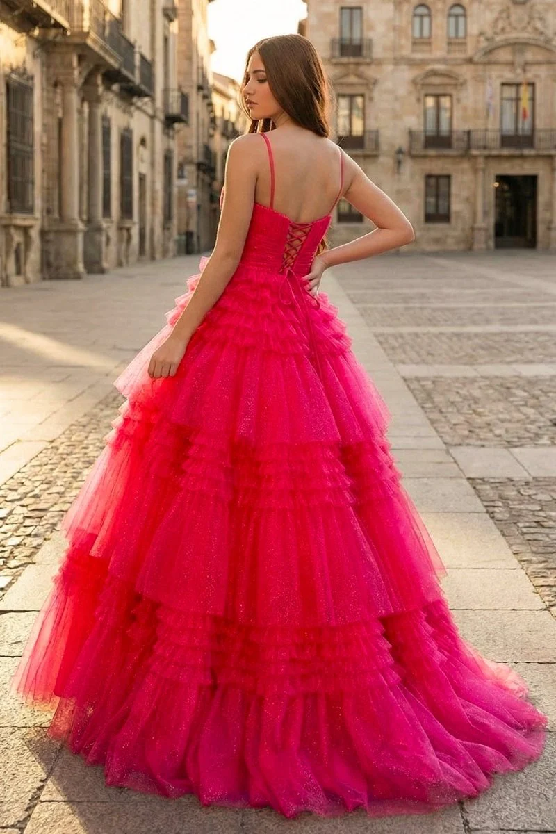 A-Line Deep V Neck Tiered Long Glitter Tulle Prom Dress