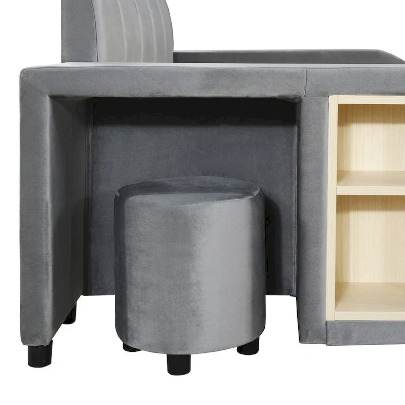 Upholstered Grounded Bed Mother & Child Bed with Bedside Desk and Little Round Stool