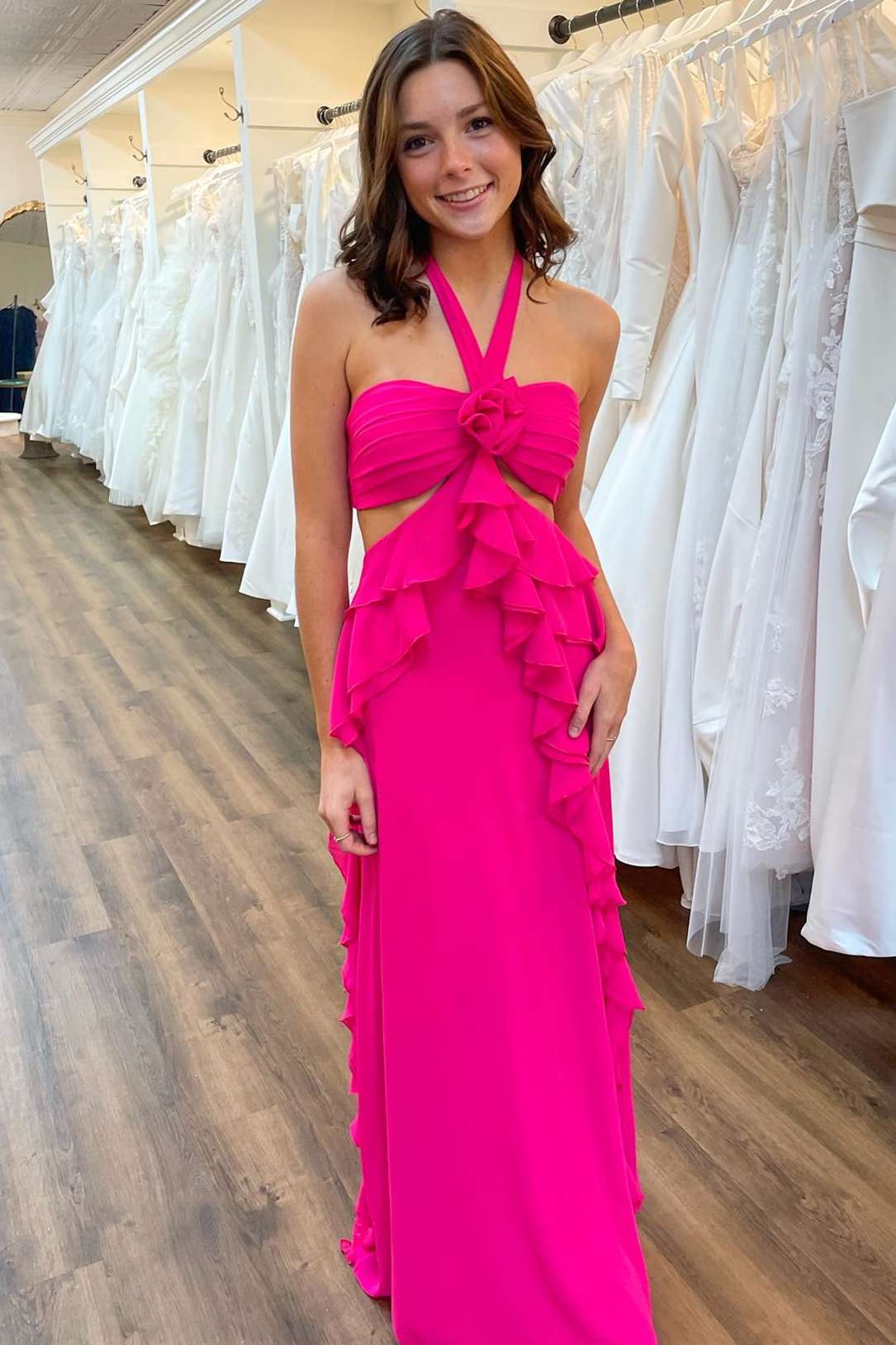 Halter Fuchsia Cut Out Ruffle Long Formal Dress