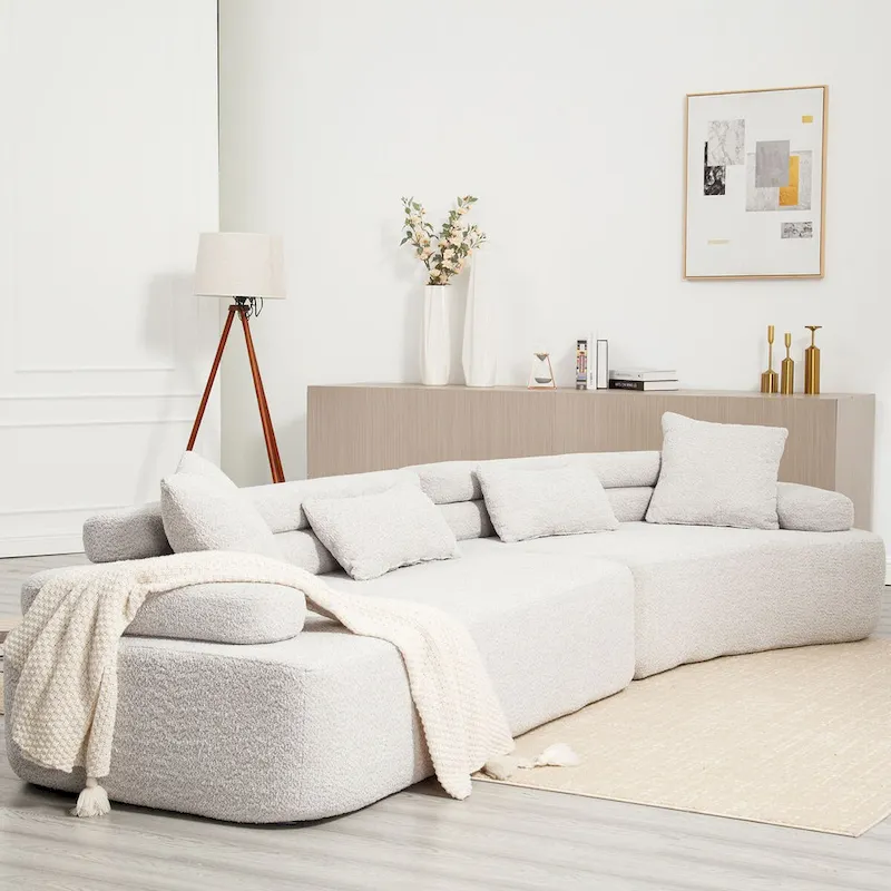 Modern Boucle 4-Seater Upholstered Sectional Sofa with 4 Pillows