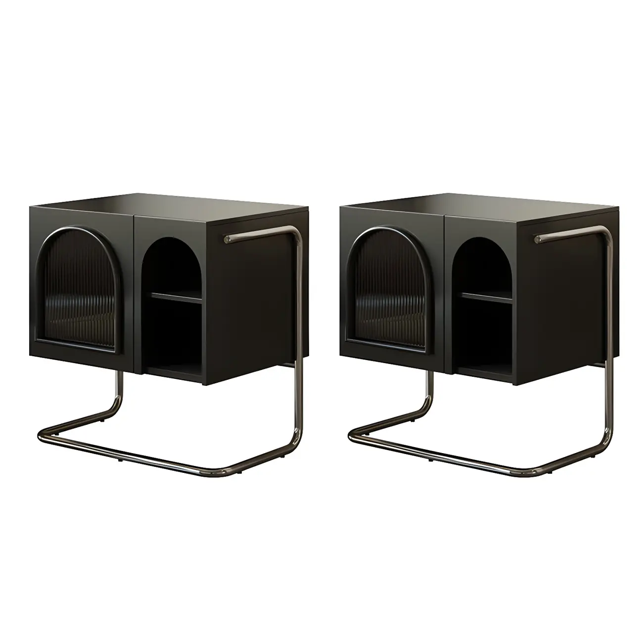 Narrow Cubic Wooden Black Nightstand in Steel Base