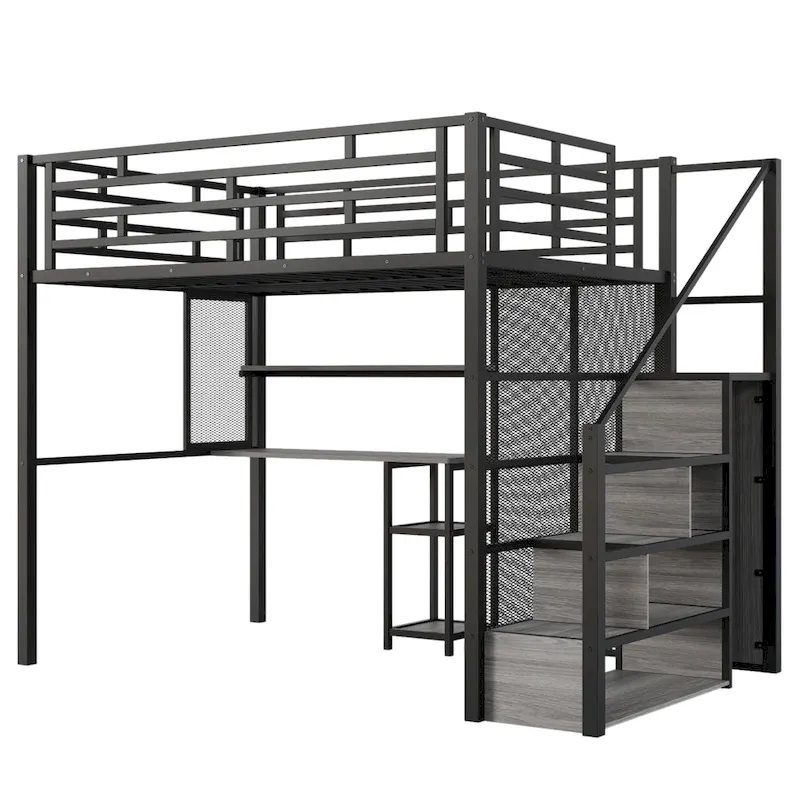 Black Full Size Metal Loft Bed with Wardrobe, Desk, and Storage Shelves