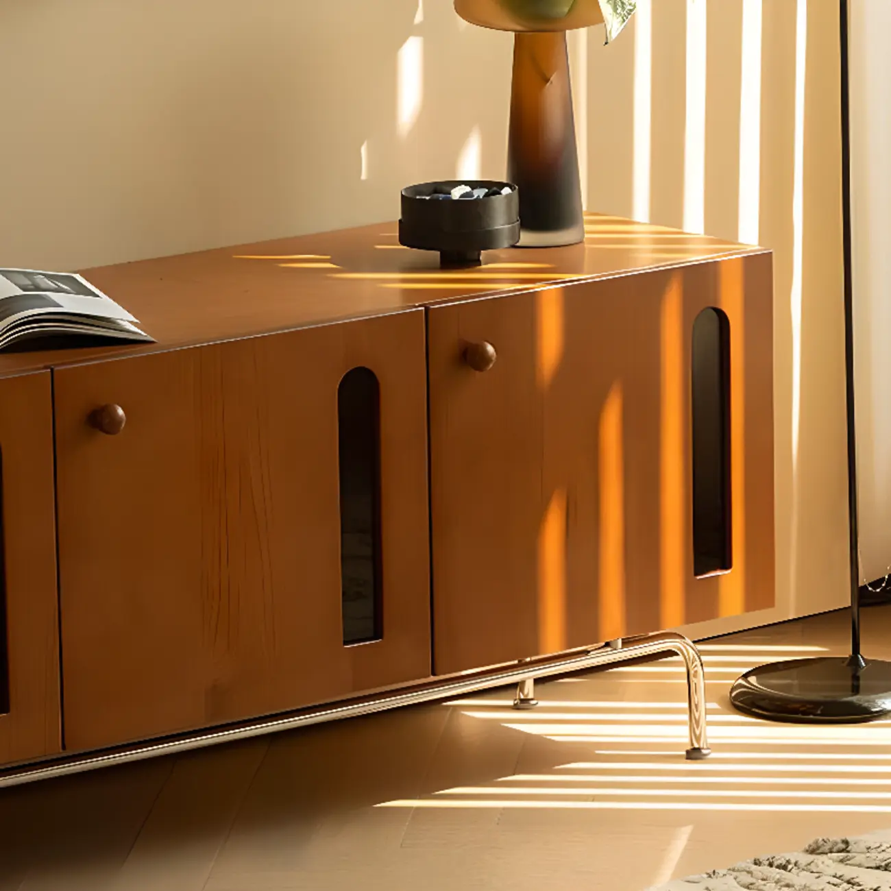 Living Room Rectangle Brown Wood TV Stand with Metal Legs