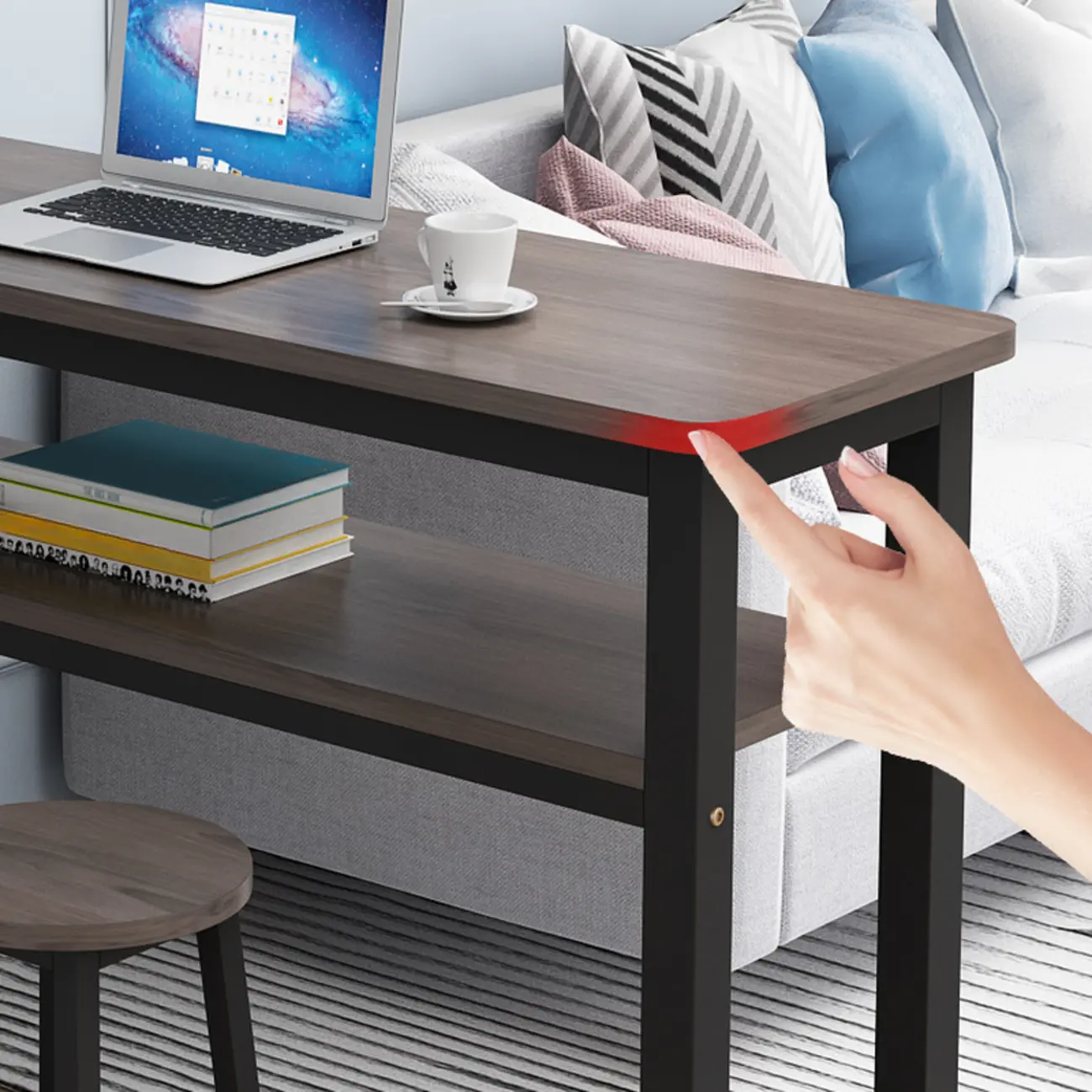 Rectangle Round Edge Wooden Bar Table Metal Base with Shelf