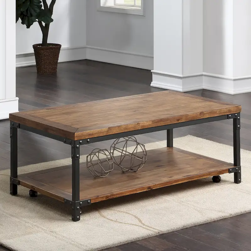 Leyburn Industrial Wood and Metal Coffee Table with Casters