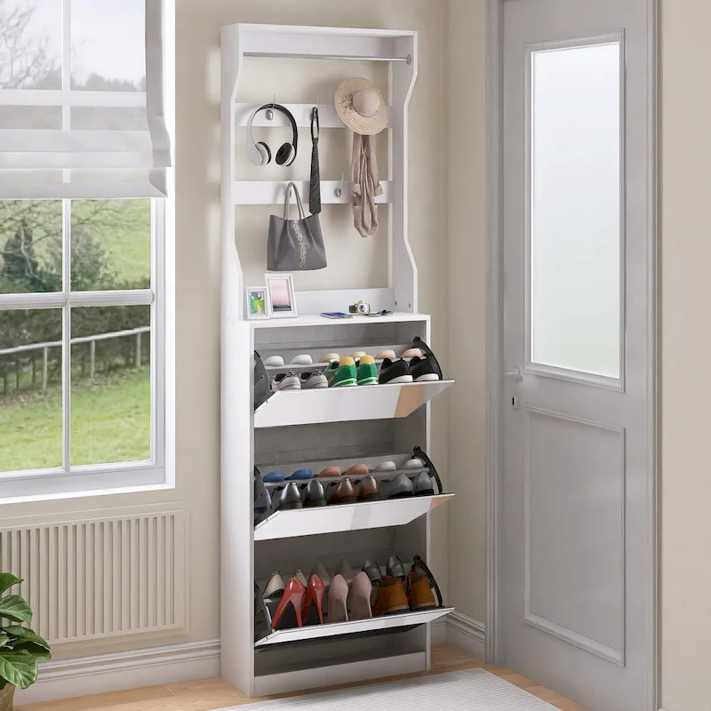 Mirror Shoe Cabinet with 3-Tier Flip Drawers, Hooks and Hanger Rod