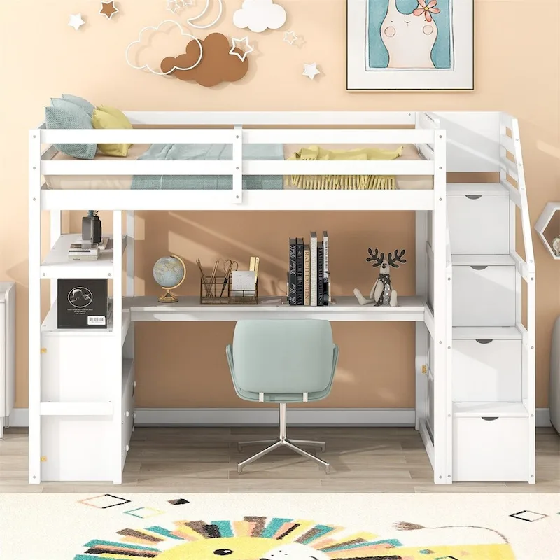 Merax Loft Bed with Desk and Shelves