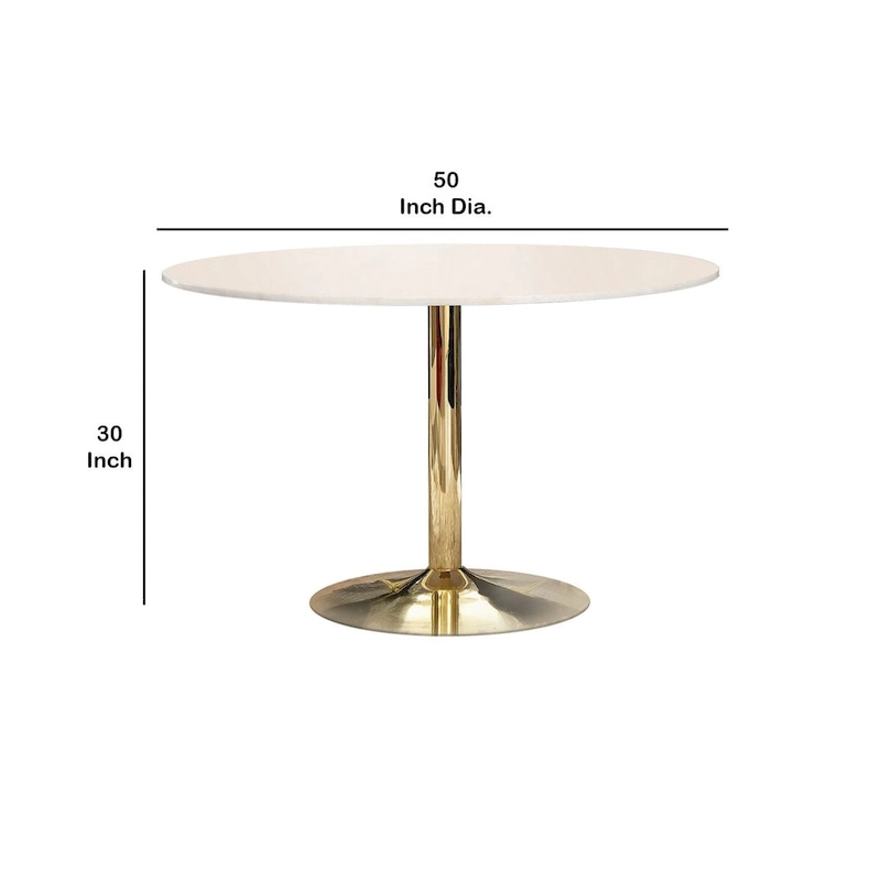 30 Inch Round Marble Top Modern Dining Table, White and Gold