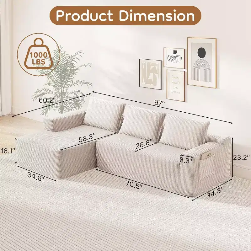 MooxvMoo 97 L-Shaped Modular Sectional Sofa, Boneless Couch with Left Facing Chaise, Deep Seats for Living Room, White