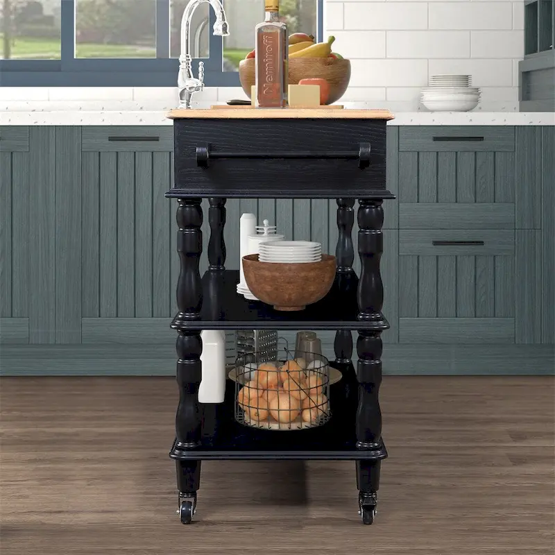 Rolling OAK Wood Top Kitchen Cart with Wine Rack and 2 Drawers