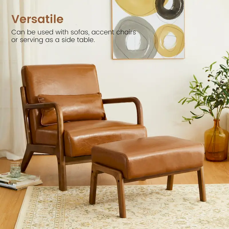 Brown Mid-Century Faux Leather Ottoman Accent Stool, Set of 2