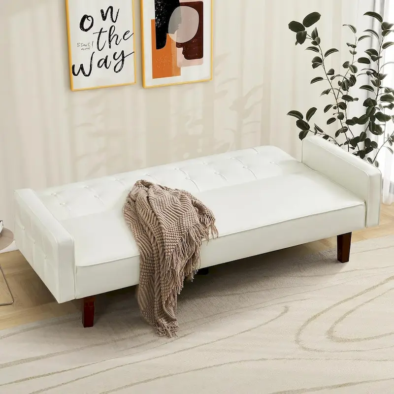 Faux Leather Futon Sofa Bed Sleeper Couch, Mid Century Button Tufted Upholstered Convertible Sofa Bed with Wooden Legs