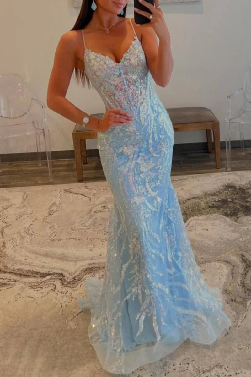 Straps Sky Blue V-Neck Sequin Appliques Mermaid Prom Dress