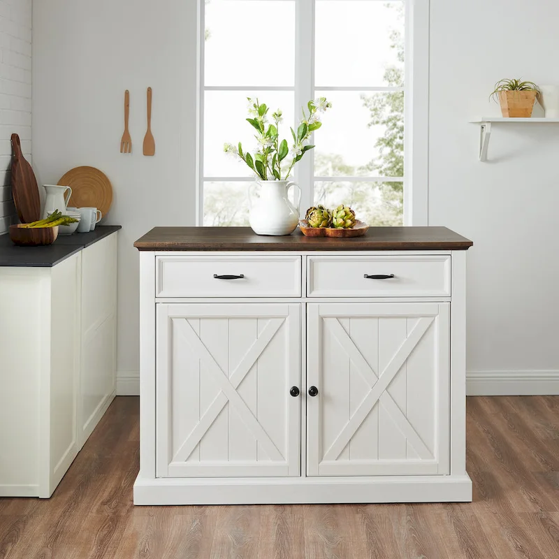 Modern Farmhouse Kitchen Island with Storage Drawers & Adjustable Shelves
