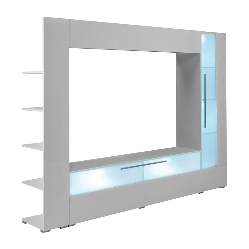 White / Black Gloss TV Wall Unit with LED Glass Cabinets, Fold-Down Doors & Hidden Bookshelf – Single