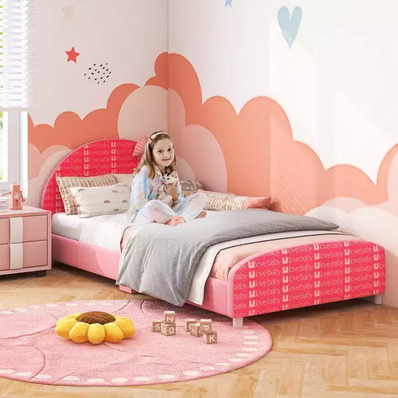 Costway Children Twin Size Upholstered Platform Single Bed with Headboard & Footboard Pink