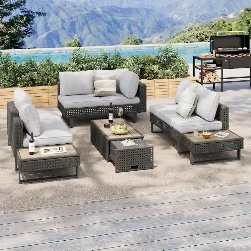 6-Pers Diamond Weave Patio Sectional Furniture Set with Extendable Coffee Table with Ice Bucket, Conversation Set