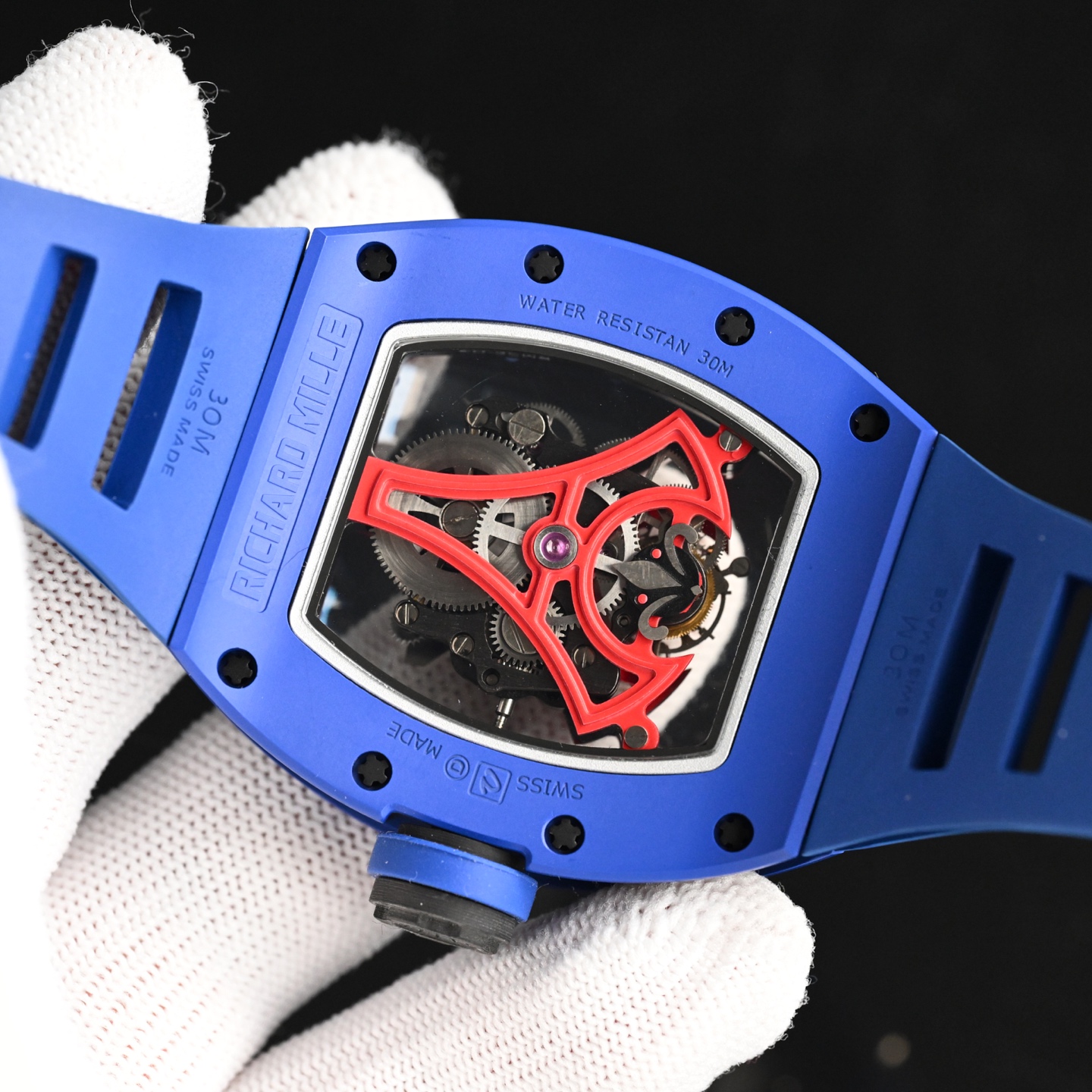 Richard Mille replica open caseback with red skeleton tourbillon movement