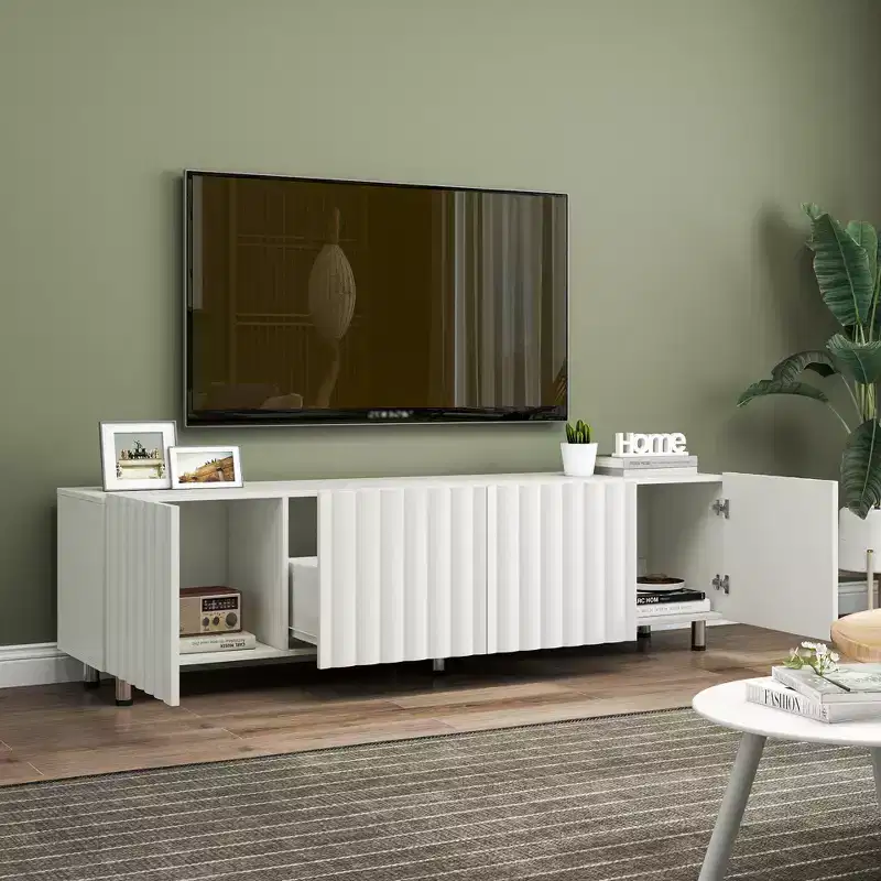JVNOXK 70-inch modern TV stand, suitable for 65-inch and larger televisions, featuring storage space and two drawers, ideal for living rooms, white