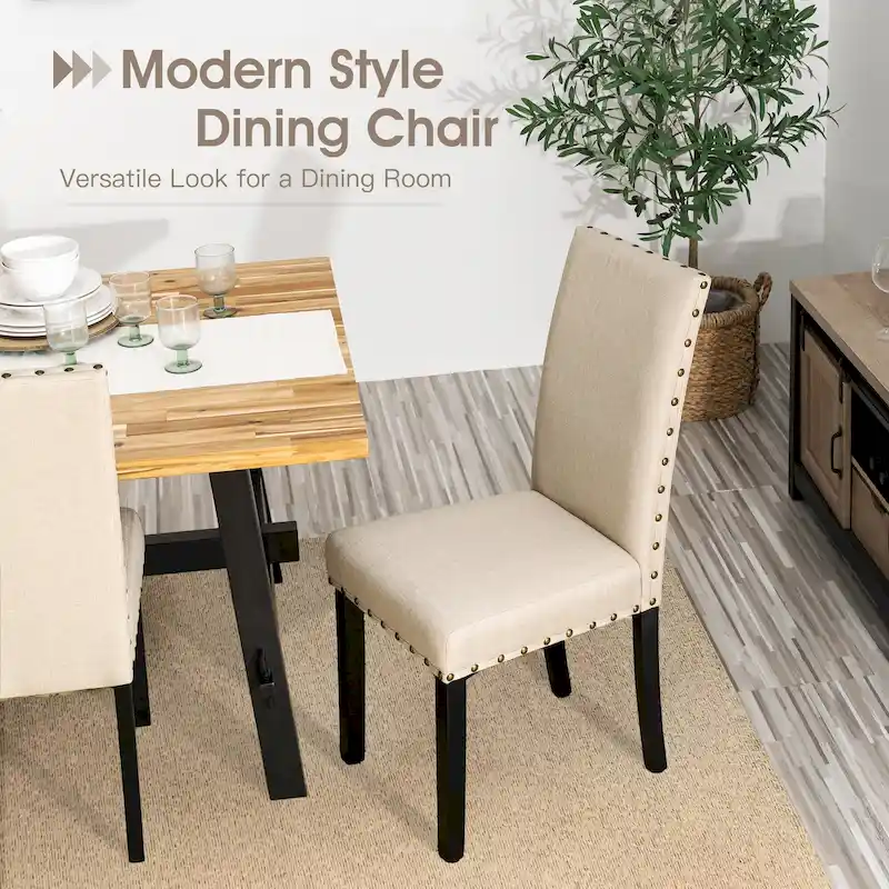 High Back Linen Fabric Dining Chairs with Nailhead Trim – Grey / Cream White / Tan