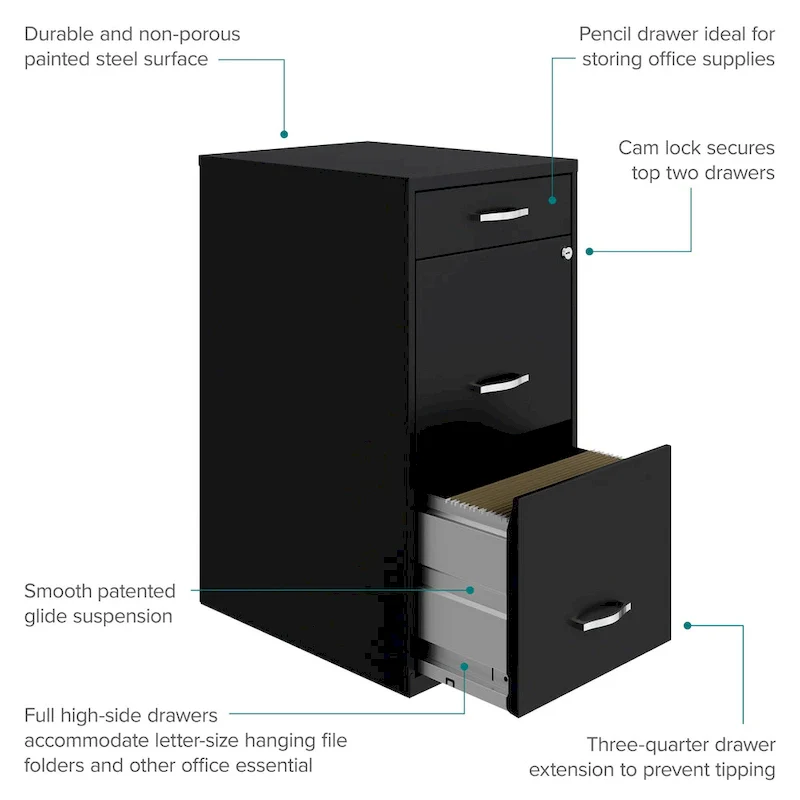Black 3-Drawer Metal File Cabinet for 1 Person
