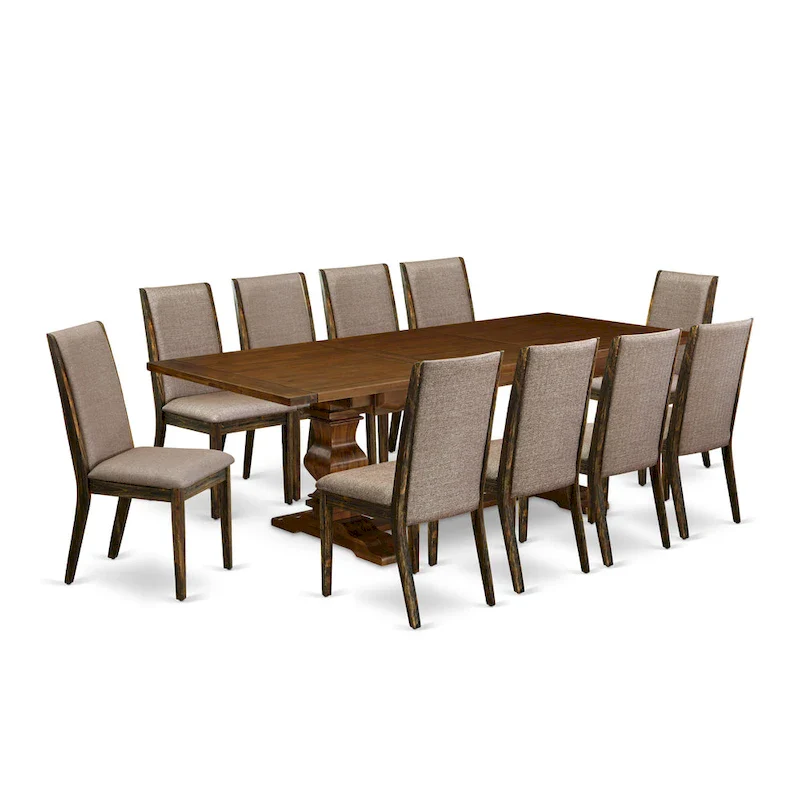 East West Furniture 11 Piece Dining Table Set- a Wooden Table and 10 Linen Fabric Upholstered Chairs(Finish Options)