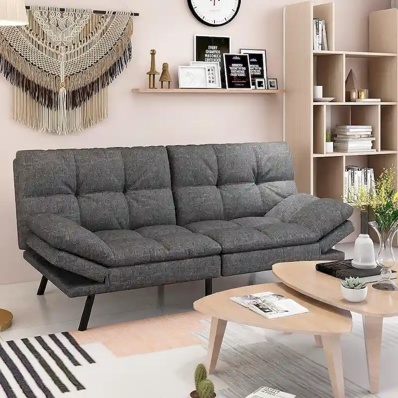 Dark Grey / Leather Brown / Leather Black Convertible Futon Sofa Bed with Adjustable Armrests – Modern Style, Seats 2