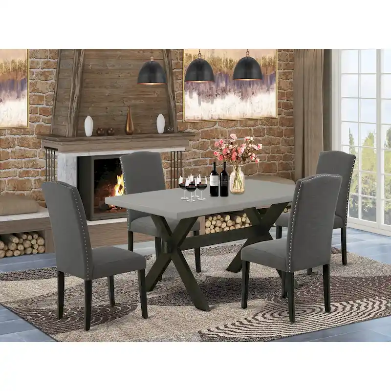 East West Furniture Dining Set-a Dining Table & Black Parson Chairs, Wire brushed Black.(Upholstered & Pieces Options)