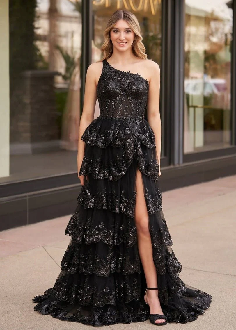 Sheath One Shoulder Tiered Lace Long Prom Dress