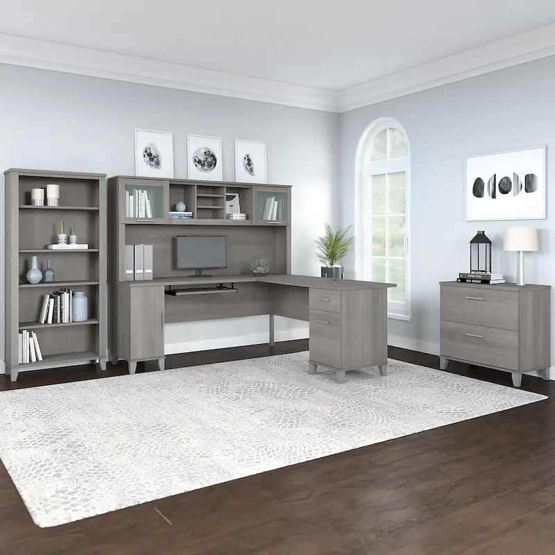 Somerset 72W L Shaped Desk with Hutch, Cabinet and Bookcase in Gray