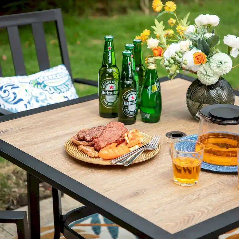 MAISON ARTS 5-piece Faux Wood Table and Metal Stackable Chairs Patio Set - 5-Pieces Sets