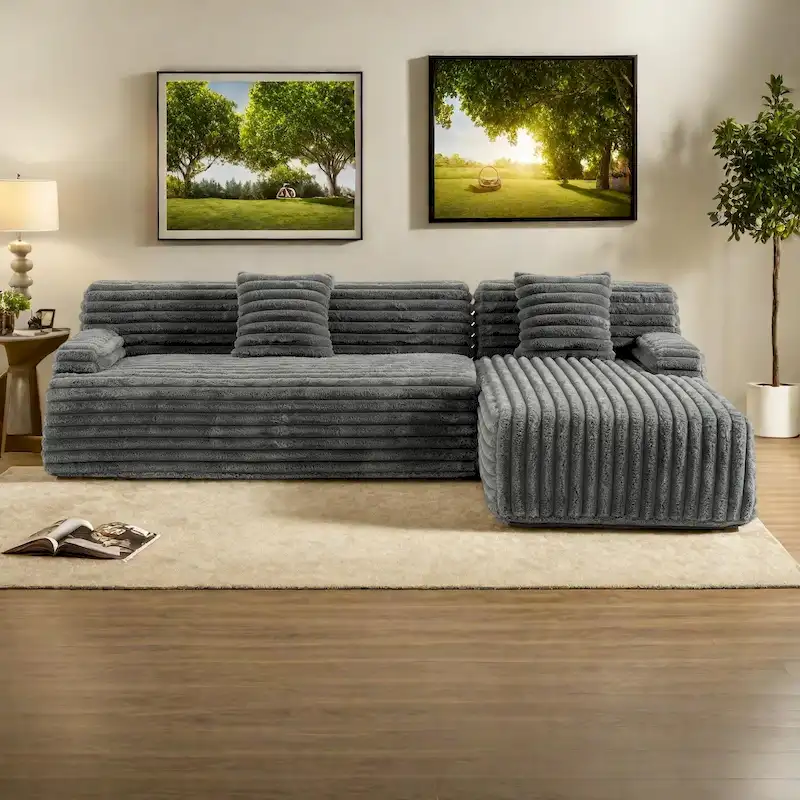 110 Faux Fur Cloud 3-Seater sat L-Shaped Sectional Sofa with Two Included Throw Pillows