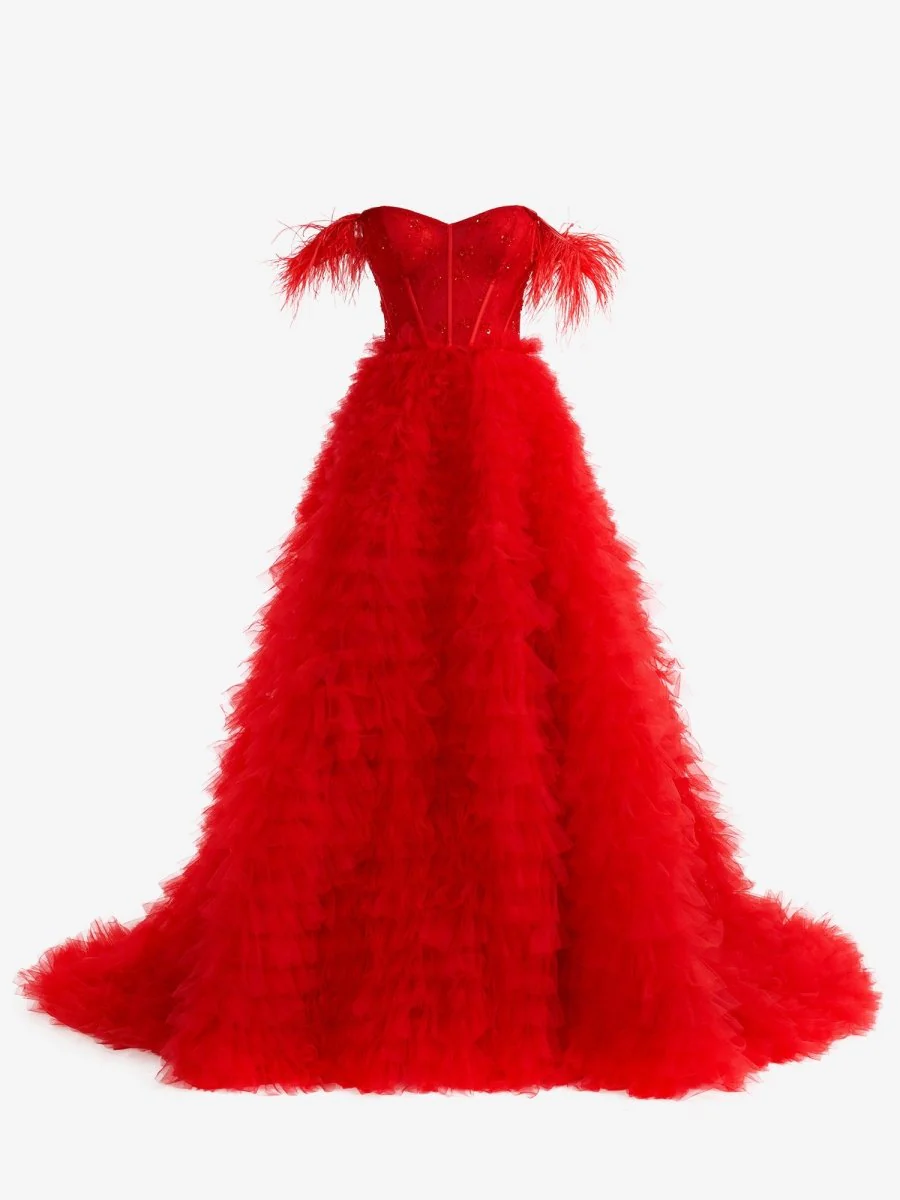 Red A Line Sweetheart Tiered Tulle Long Prom Dress With Slit