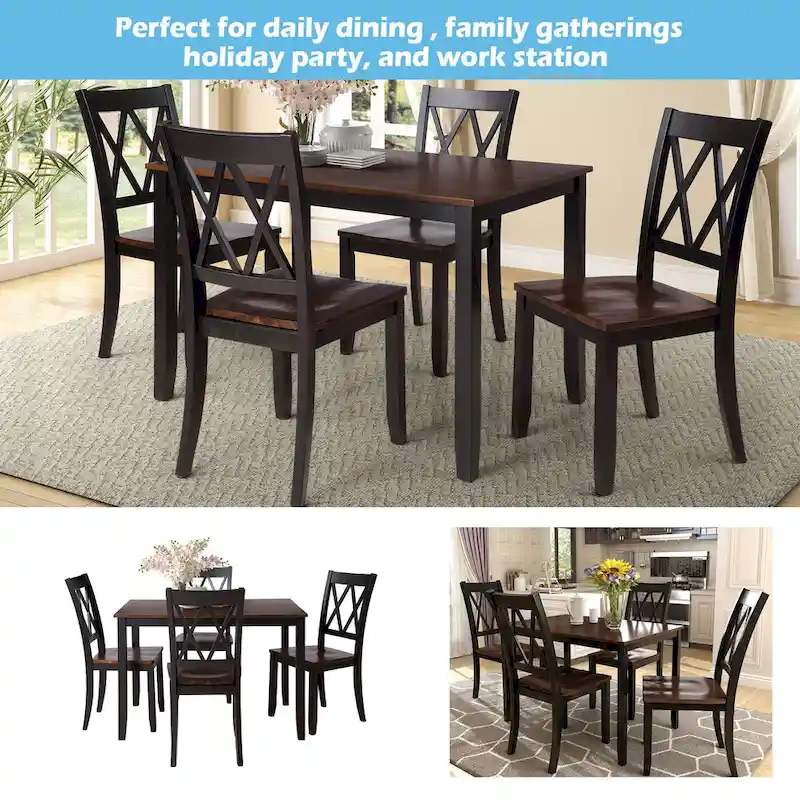 Black 5-Piece Wooden Dining Table Set with Rectangular Table & 4 Chairs