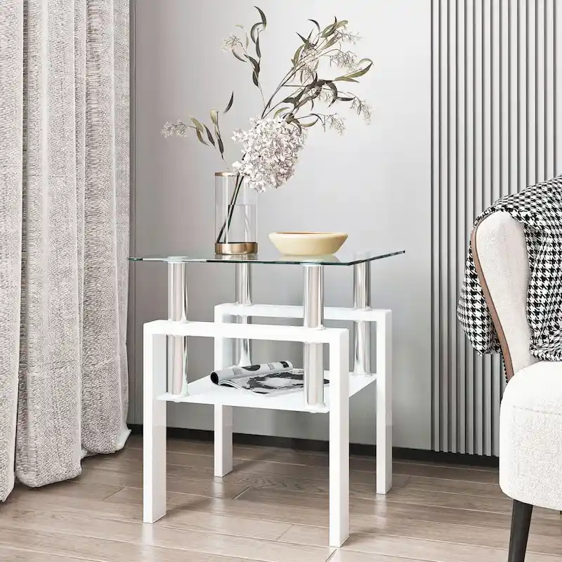 Modern Tempered Glass Tea Table Coffee Table End Table Square Table - 17.72L x 17.72 W x 20.5 H,