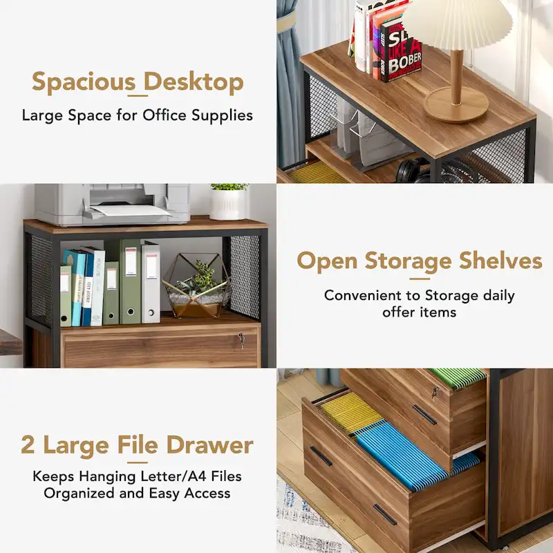 Walnut Black 2-Drawer Lateral File Cabinet with Open Shelves