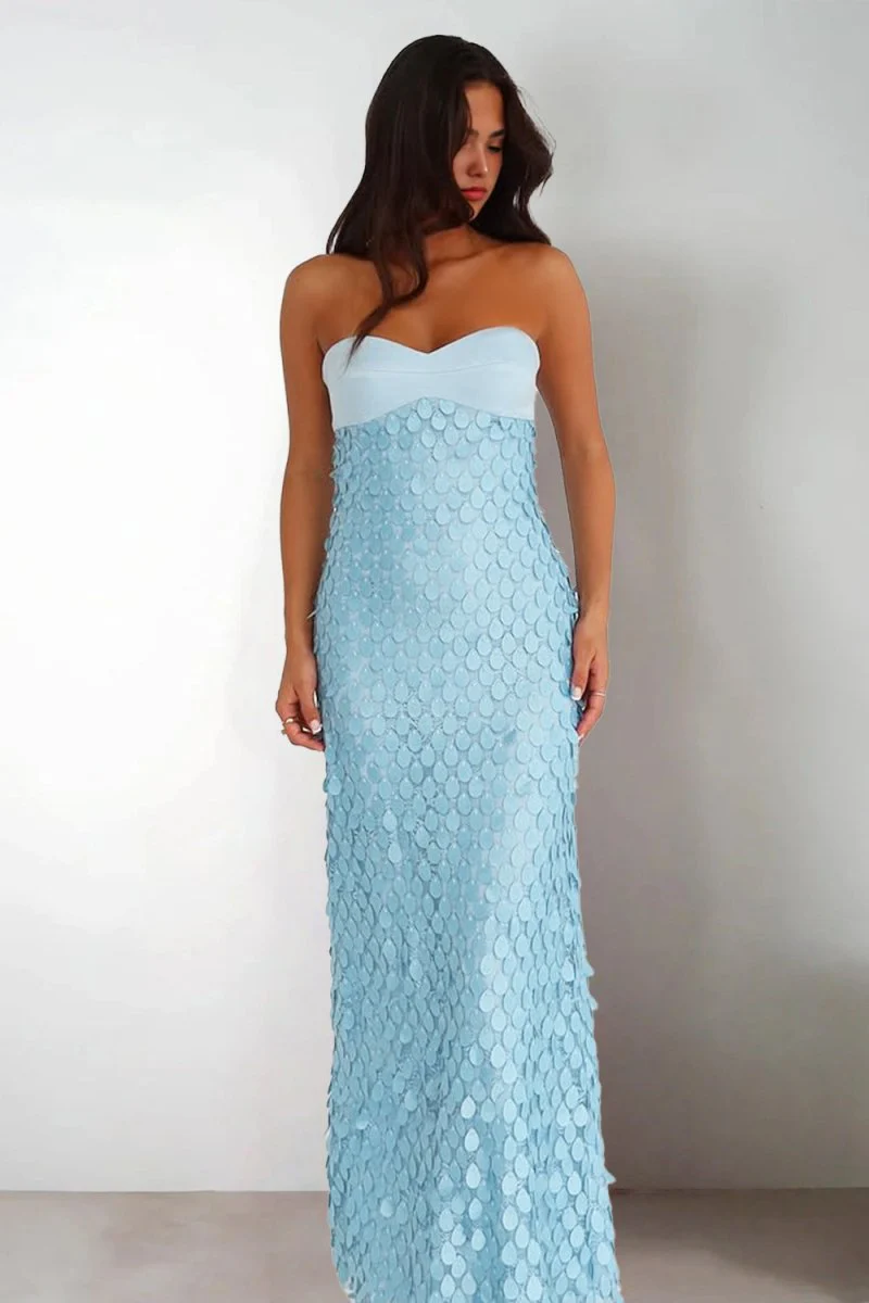 Blue - Sheath Strapless Long Prom Dresses with Sequins